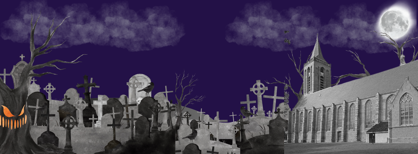 Halloween spooktocht achtergrond met kerkhof en de Grote Kerk van Monnickendam bij volle maan